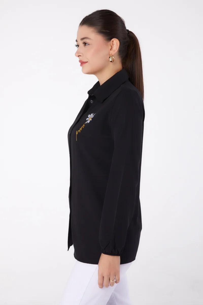 Tofisa Plain Shirt Collar Women's Black Printed Shirt - 13343
