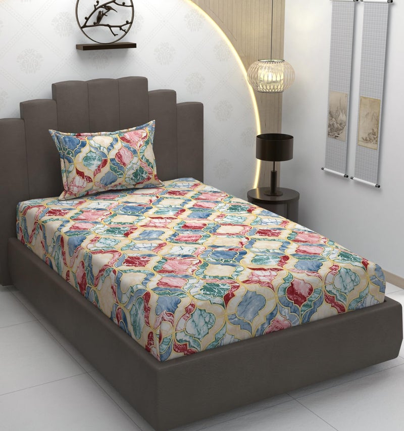 TIB Glace Cotton Elastic Fitted Bedsheets Single Bed 36x78x8 Inches with 1 Pillow Covers, 210TC (Pink & Beige, Single) - Image 1