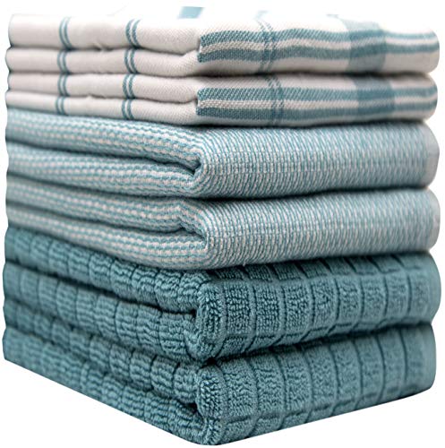 Bumble Towels Premium Kitchen Towels (20”x 28”, 6 Pack) | Large Cotton Dish Towels | Flat & Terry Highly Absorbent Kitchen Linen Set with Hanging Loop | Teal Check - Image 2