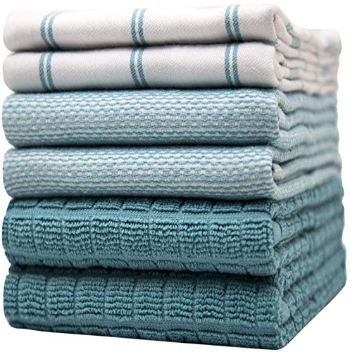 Bumble Towels Premium Kitchen Towels (20”x 28”, 6 Pack) | Large Cotton Dish Towels | Flat & Terry Highly Absorbent Kitchen Linen Set with Hanging Loop | Teal Check - Image 1