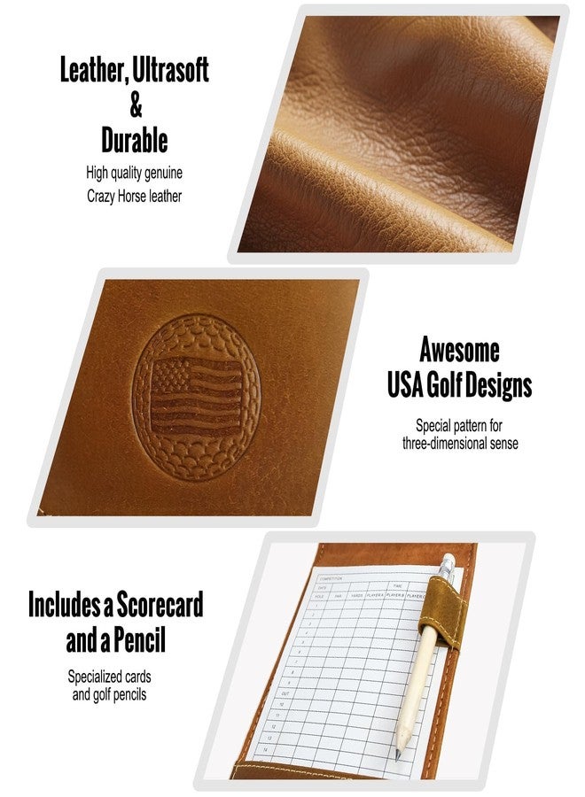 iSamzan Real Leather Golf Scorecard Holder: USA Genuine Crazy Horse Leather Golf Yardage Book Cover with 4 Scorecard 1 Pencil - Golf Notebook Back Pocket Cool Golf Gifts for Father Him Golfers Men Dad - Image 3