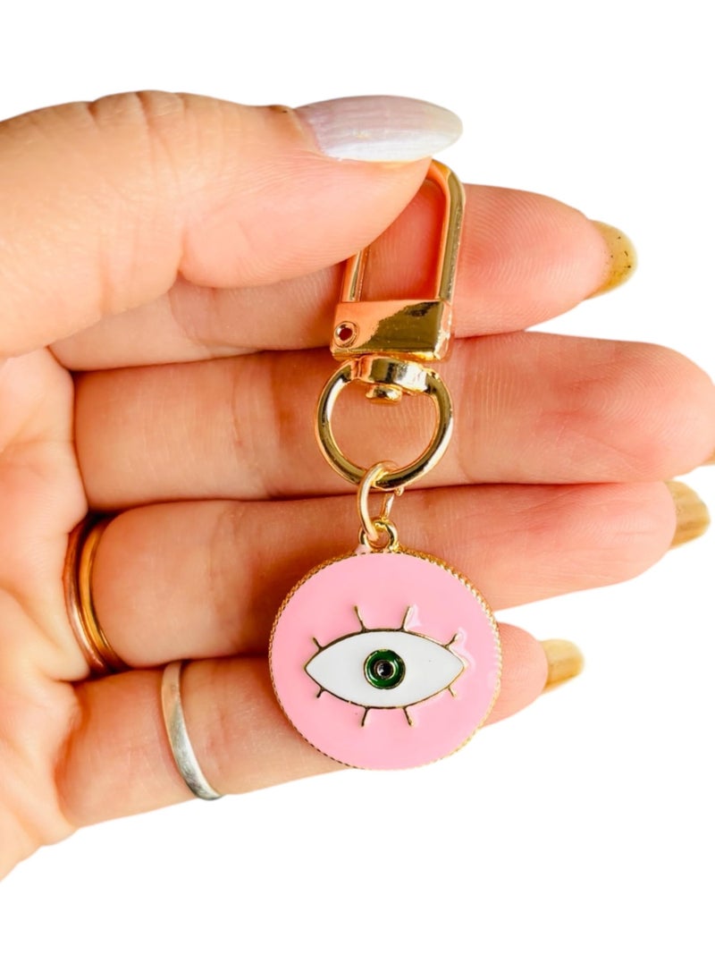 TraveEssentialz 2 pc Evil Eye Bag Hanging Metal Charm Keychain for Bags | Enamel Keychains for Good Luck | Gift for Mother's Day Travel Gift for Girls | Earphone Case Pendant (PINK) - Image 1