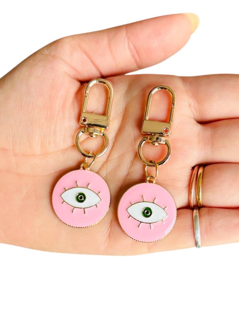 TraveEssentialz 2 pc Evil Eye Bag Hanging Metal Charm Keychain for Bags | Enamel Keychains for Good Luck | Gift for Mother's Day Travel Gift for Girls | Earphone Case Pendant (PINK) - Image 3