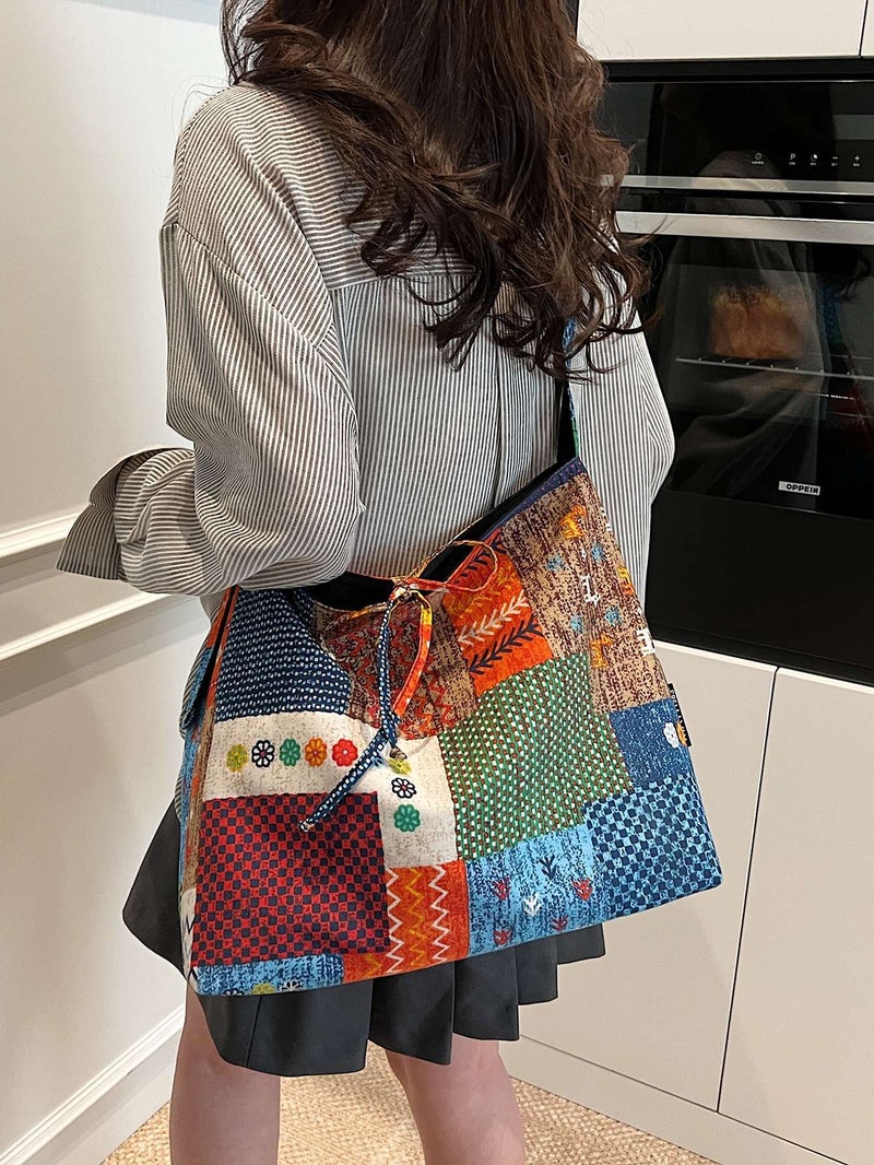 Ethnic Style Patchwork Double-Sided Shoulder Bag Trendy Girl Armpit Bag Large Capacity Commuter Bag Women'S Bag - Image 3