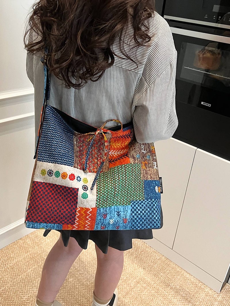 Ethnic Style Patchwork Double-Sided Shoulder Bag Trendy Girl Armpit Bag Large Capacity Commuter Bag Women'S Bag - Image 5