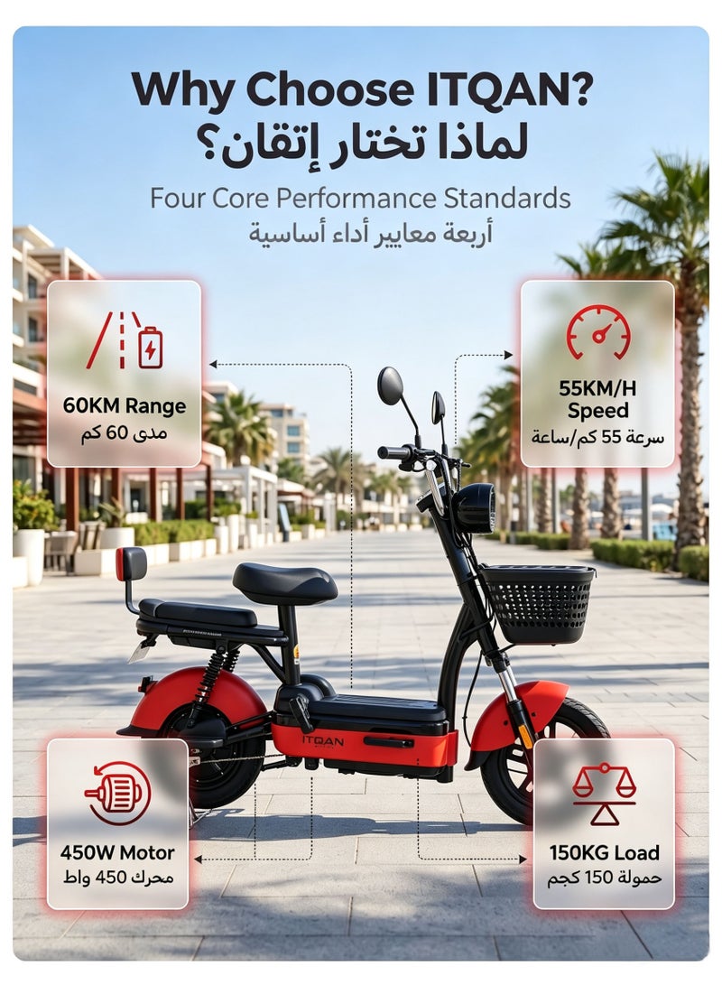 ITQAN RASEEL E scooter、E Bike, Red 450W Motor 60km Long Range Anti-Rust Carbon Steel Frame Two Seater E Scooter Bike Minimalist Compact Urban Style for Saudi  Family Grocery Shopping - Image 3