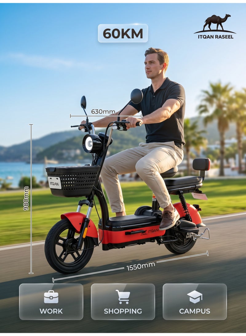 ITQAN RASEEL E scooter、E Bike, Red 450W Motor 60km Long Range Anti-Rust Carbon Steel Frame Two Seater E Scooter Bike Minimalist Compact Urban Style for Saudi  Family Grocery Shopping - Image 4