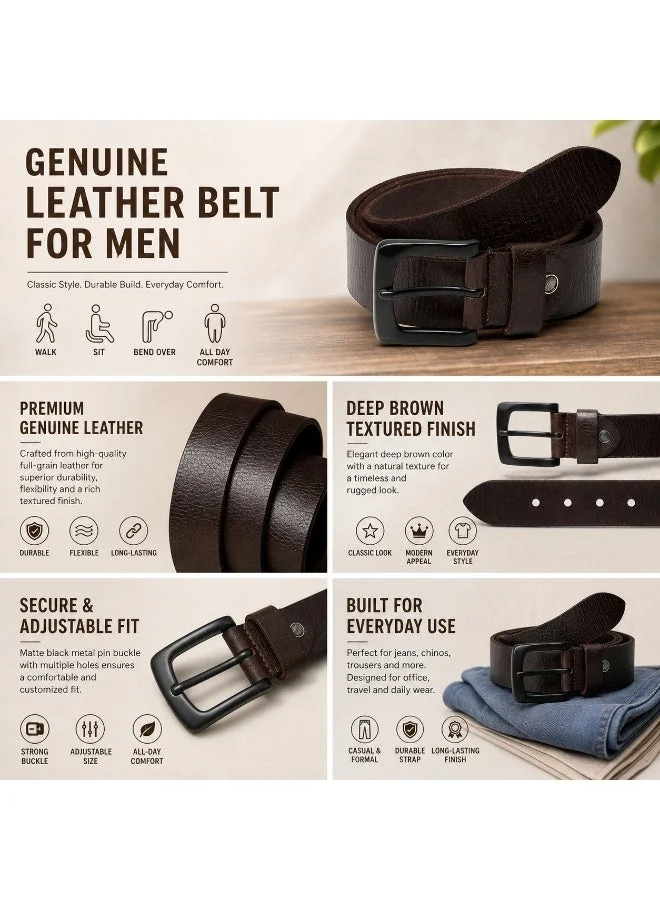 TEAKWOOD Teakwood Genuine Leather Belt for Men | Deep Brown Textured Casual & Formal Belt | Matte Black Pin Buckle | Adjustable Size | Durable Premium Finish | Ideal for Jeans, Trousers & Daily Wear