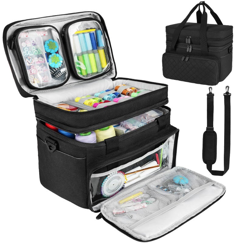 MRINCA Sewing Accessories Organizer Case with Shoulder Strap,Double Layer Sewing Storage Bag with 2 Detachable Pouches for Sewing Accessories and Supplies,Large Travel Sewing Box for Sewing kit Tools,Black - Image 1