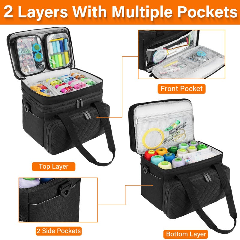 MRINCA Sewing Accessories Organizer Case with Shoulder Strap,Double Layer Sewing Storage Bag with 2 Detachable Pouches for Sewing Accessories and Supplies,Large Travel Sewing Box for Sewing kit Tools,Black - Image 2