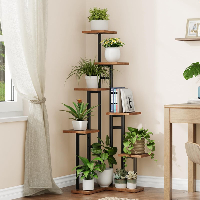 HOOBRO Corner Plant Stand Indoor, 7-Tier Plant Shelf for Multiple Indoor Plants, Corner Plant Rack Organizer, Square Flower Stand, for Living Room, Balcony, Patio, Rustic Brown and Black BF01HJ01 - Image 5