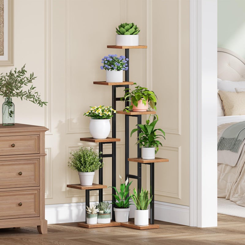 HOOBRO Corner Plant Stand Indoor, 7-Tier Plant Shelf for Multiple Indoor Plants, Corner Plant Rack Organizer, Square Flower Stand, for Living Room, Balcony, Patio, Rustic Brown and Black BF01HJ01 - Image 4