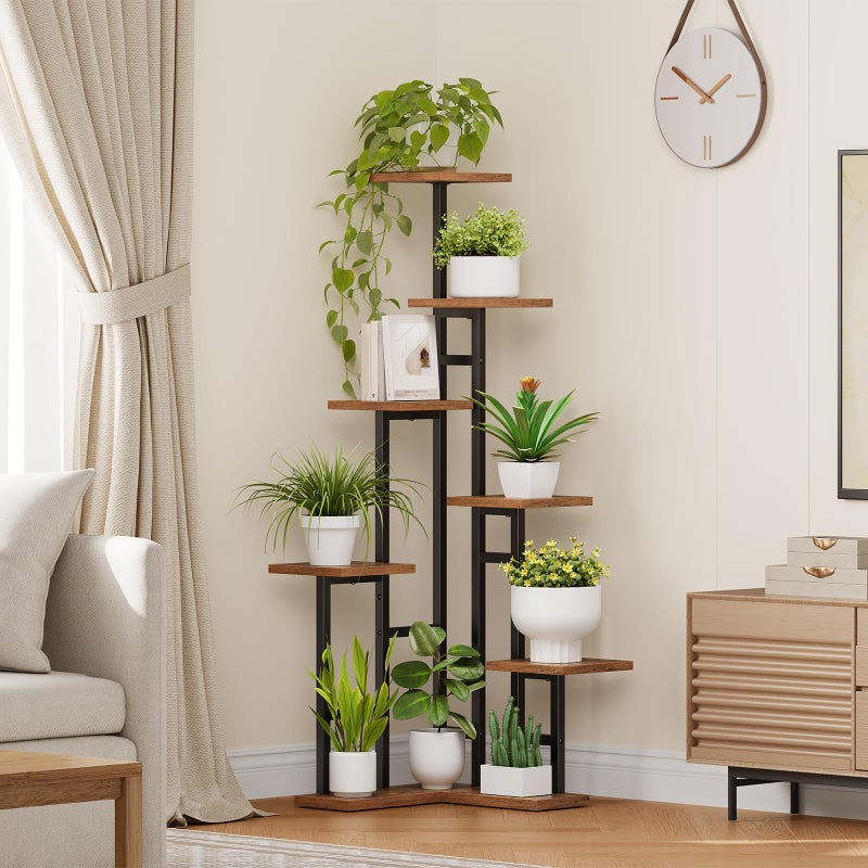 HOOBRO Corner Plant Stand Indoor, 7-Tier Plant Shelf for Multiple Indoor Plants, Corner Plant Rack Organizer, Square Flower Stand, for Living Room, Balcony, Patio, Rustic Brown and Black BF01HJ01 - Image 2