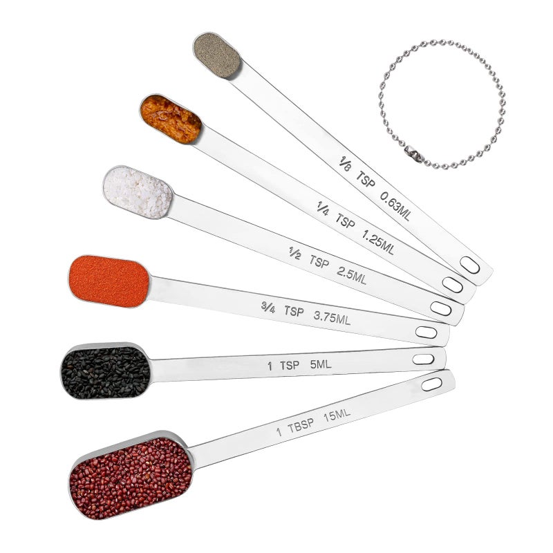 BERYLER Long Handle Measuring Spoons Set of 6 Stainless Steel Measure Teaspoons Metal Rectangular Bowl Tablespoon