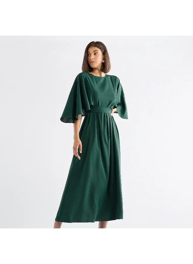 FAV Solid Midi Dress with Flutter Sleeves and Tie-Up Belt