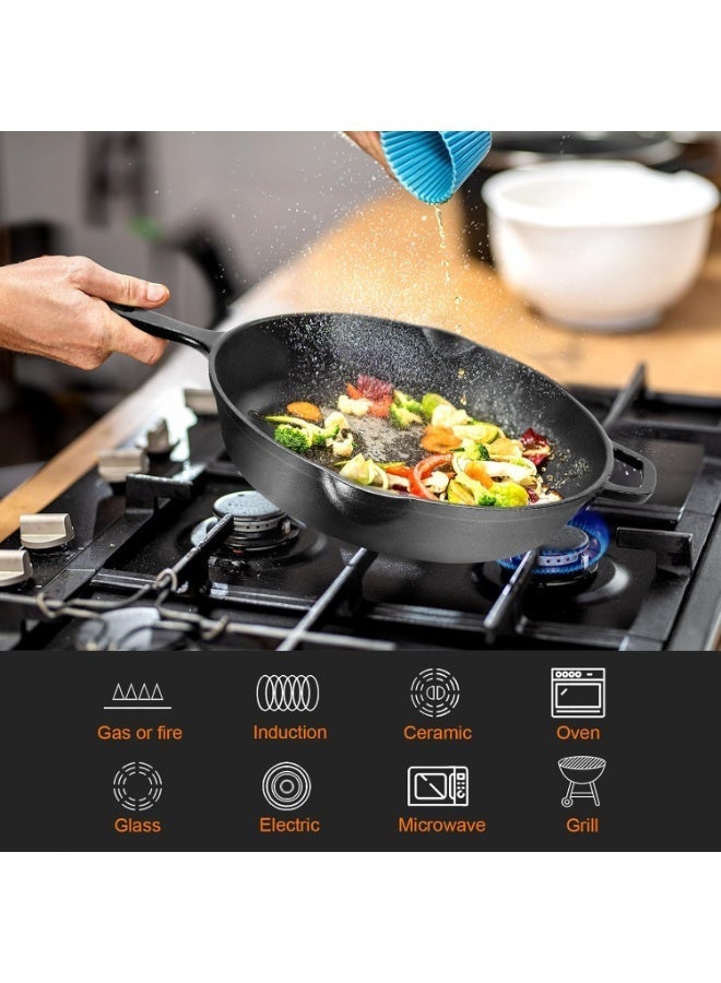 توريسيك مقلاة مطبخ من الحديد الزهر مقاس 12 بوصة، مقلاة طهاة من الحديد الزهر بمقابض، مقلاة مسبقة التتبيل، أواني طهي آمنة للشواء للاستخدام الداخلي والخارجي - Image 3