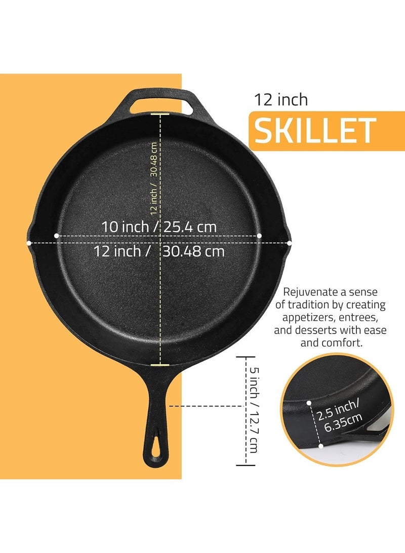 توريسيك مقلاة مطبخ من الحديد الزهر مقاس 12 بوصة، مقلاة طهاة من الحديد الزهر بمقابض، مقلاة مسبقة التتبيل، أواني طهي آمنة للشواء للاستخدام الداخلي والخارجي - Image 2