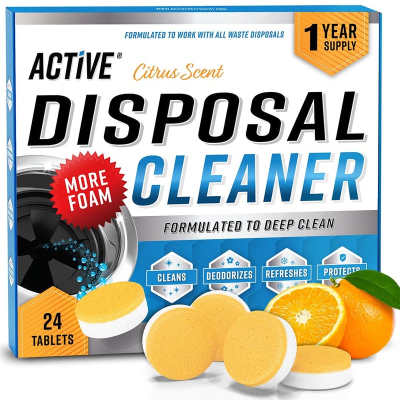 Active Garbage Disposal Cleaner Deodorizer Tablets - 24 Pack, New Powerful XL Foaming Tablet - Fresh Citrus Foam Sink Garburator Disposer Freshener, Natural Kitchen Drain Cleaning Care - 1 Year Supply - Image 1