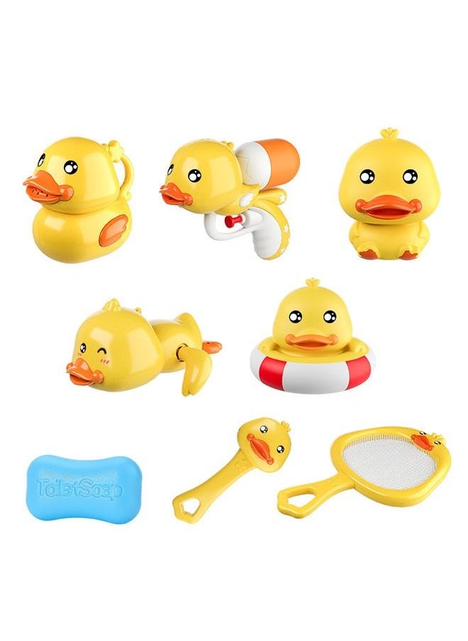 ZCM-HAPPY - children's Bath Duck Toy Set water 8-piece set clockwork duck swimming water spray gun shower toy - Image 1