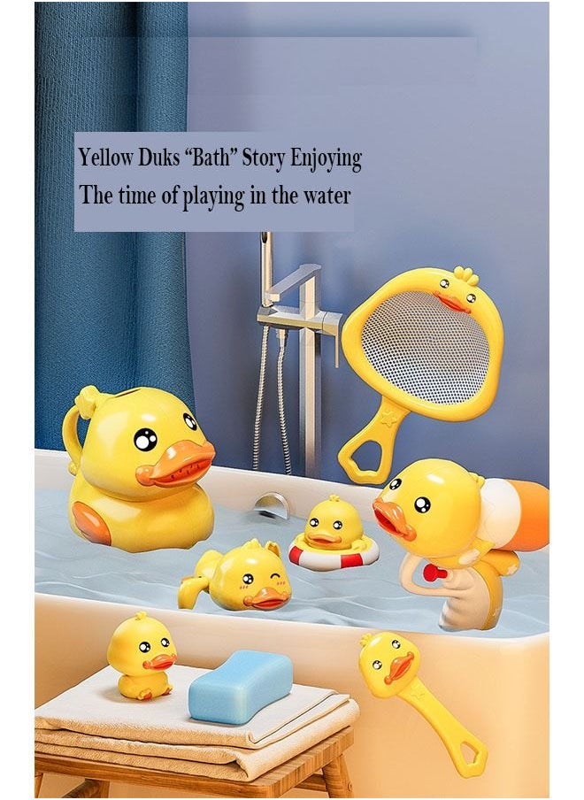 ZCM-HAPPY - children's Bath Duck Toy Set water 8-piece set clockwork duck swimming water spray gun shower toy - Image 1