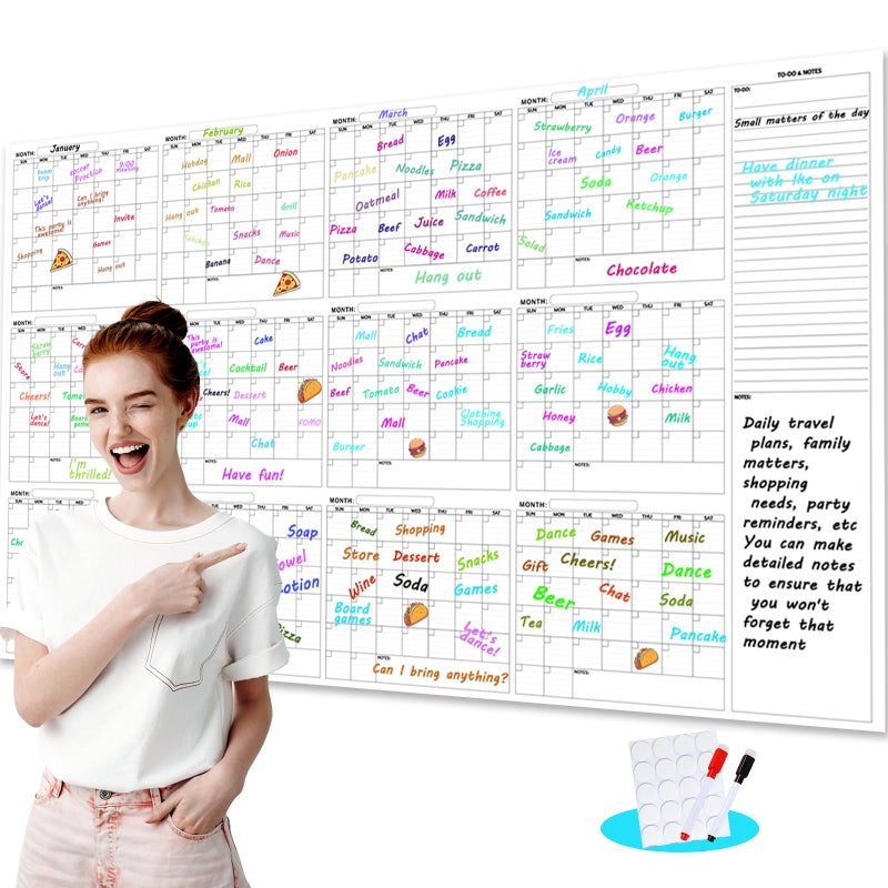 Dayvorax Large Dry Erase Calendar for Wall - 12-Month Undated Wall Calendar Dry Erase, 34" x 58", Reusable Laminated Calendar Max with Stickers, Great Layout Dry Erase Wall Calendar for Home, Office and School - Image 1