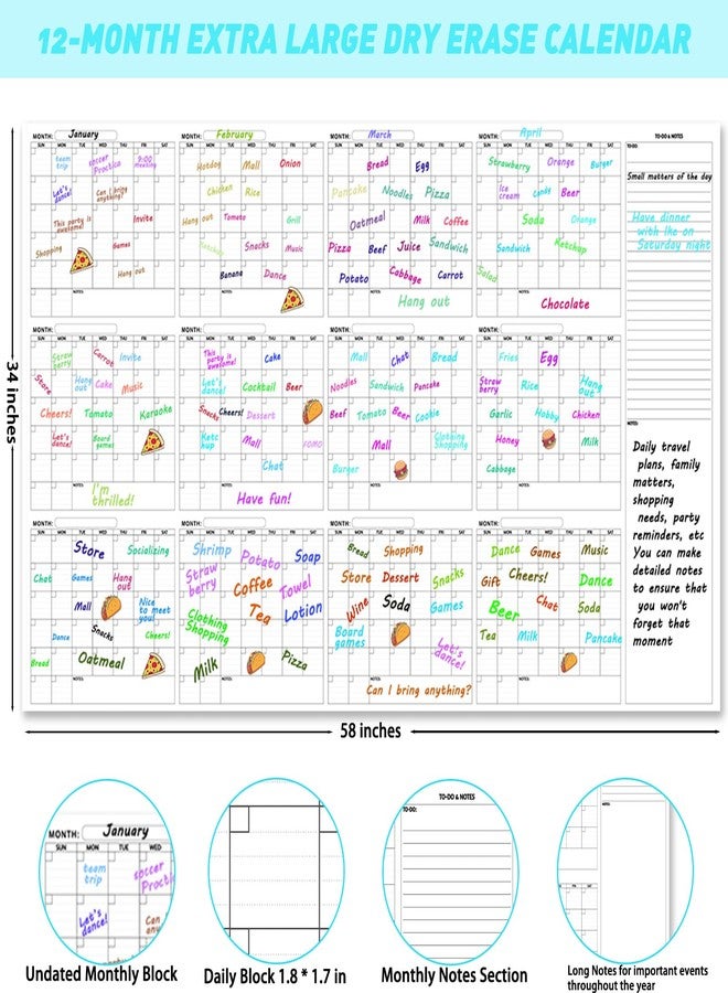 Dayvorax Large Dry Erase Calendar for Wall - 12-Month Undated Wall Calendar Dry Erase, 34" x 58", Reusable Laminated Calendar Max with Stickers, Great Layout Dry Erase Wall Calendar for Home, Office and School - Image 2