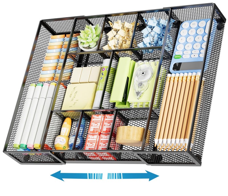 Marbrasse Expandable Desk Drawer Organizer, Mesh Drawer Organizer Tray with 10 Adjustable Compartments, Desk Organizers and Accessories, 5 Dividers Drawer for Office Supplies, Makeup & Vanity (Black) - Image 1
