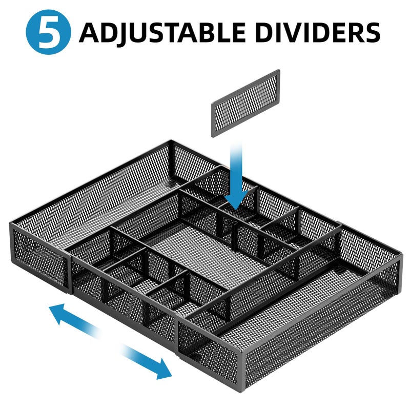 Marbrasse Expandable Desk Drawer Organizer, Mesh Drawer Organizer Tray with 10 Adjustable Compartments, Desk Organizers and Accessories, 5 Dividers Drawer for Office Supplies, Makeup & Vanity (Black) - Image 3