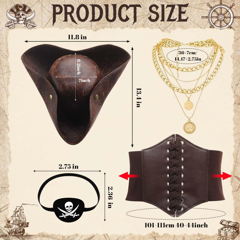 Maiteenly 4 Pcs Pirate Costume Accessories Set for Women Pirate Tricorn Hat Corset Belt Necklace Eyepatch Female Cosplay(Brown,XL) - Image 2