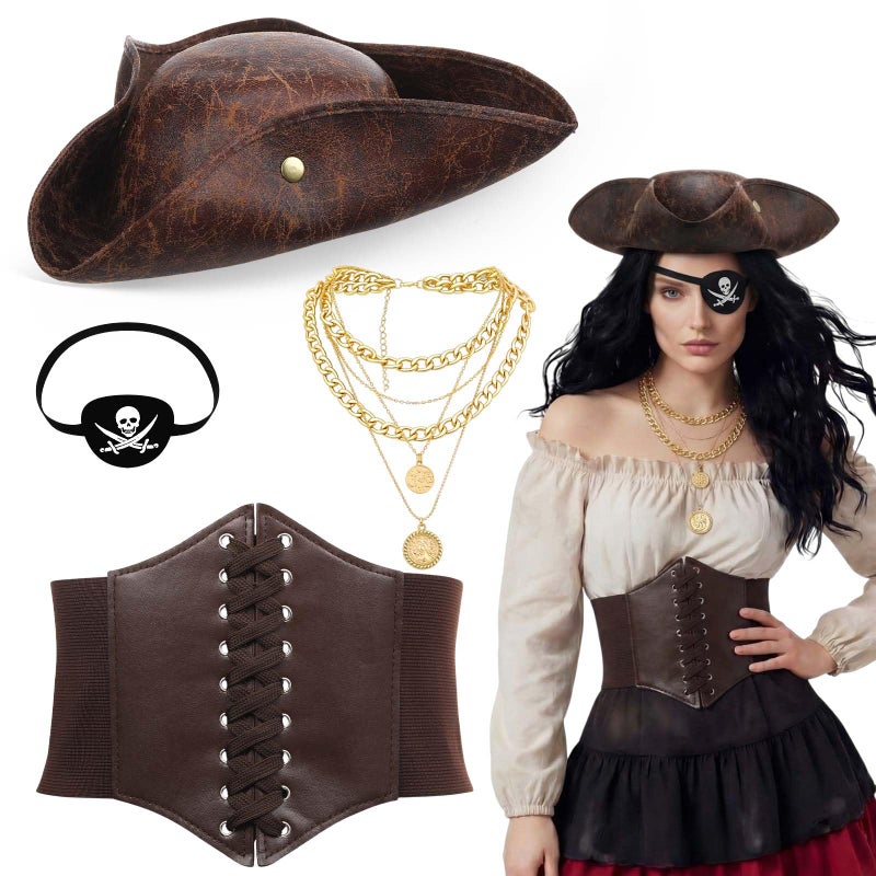 Maiteenly 4 Pcs Pirate Costume Accessories Set for Women Pirate Tricorn Hat Corset Belt Necklace Eyepatch Female Cosplay(Brown,XL) - Image 1