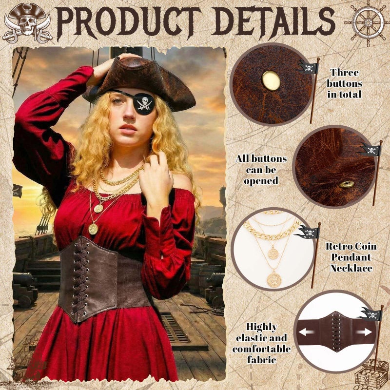 Maiteenly 4 Pcs Pirate Costume Accessories Set for Women Pirate Tricorn Hat Corset Belt Necklace Eyepatch Female Cosplay(Brown,XL) - Image 3