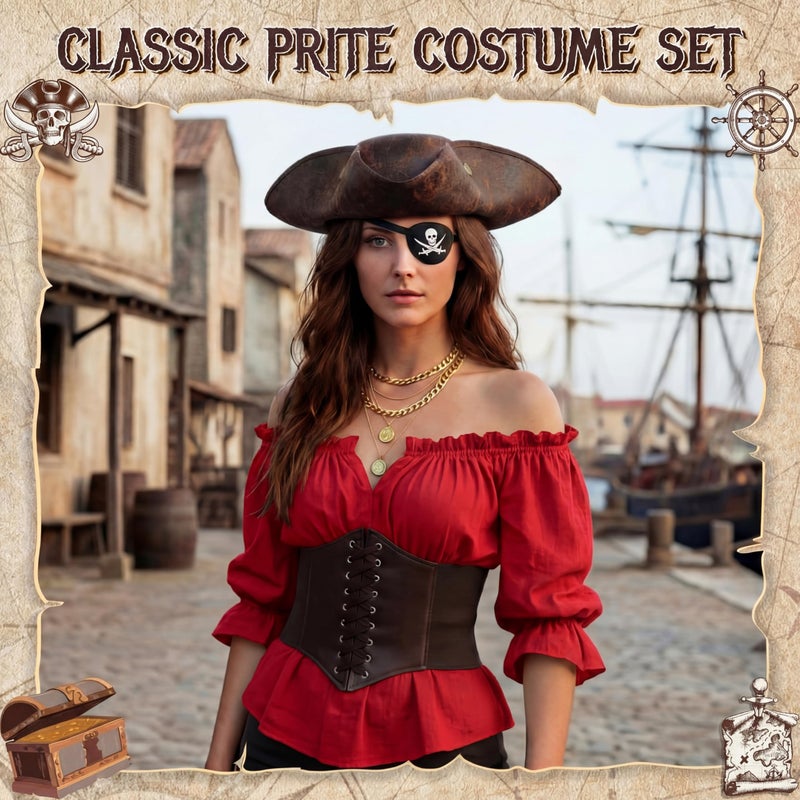 Maiteenly 4 Pcs Pirate Costume Accessories Set for Women Pirate Tricorn Hat Corset Belt Necklace Eyepatch Female Cosplay(Brown,XL) - Image 5