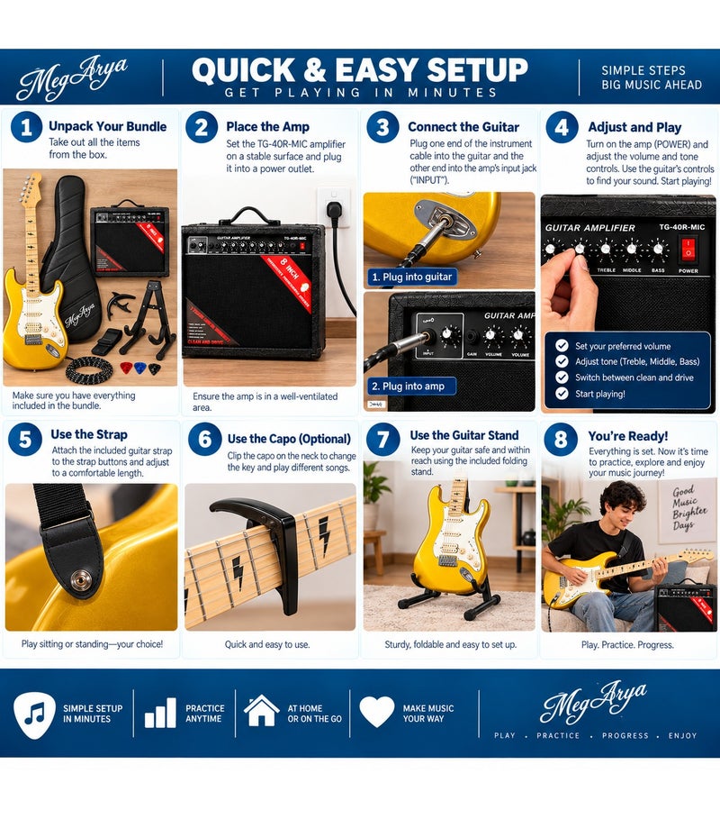 MegArya 41-Inch Electric Guitar Complete Set, 6-String HSS-Style Metallic Gold Guitar with TG-40R-MIC Amplifier, Gig Bag, Stand, Capo, Cable, Strap & 3 Picks - Image 4