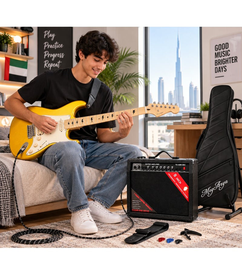 MegArya 41-Inch Electric Guitar Complete Set, 6-String HSS-Style Metallic Gold Guitar with TG-40R-MIC Amplifier, Gig Bag, Stand, Capo, Cable, Strap & 3 Picks - Image 5