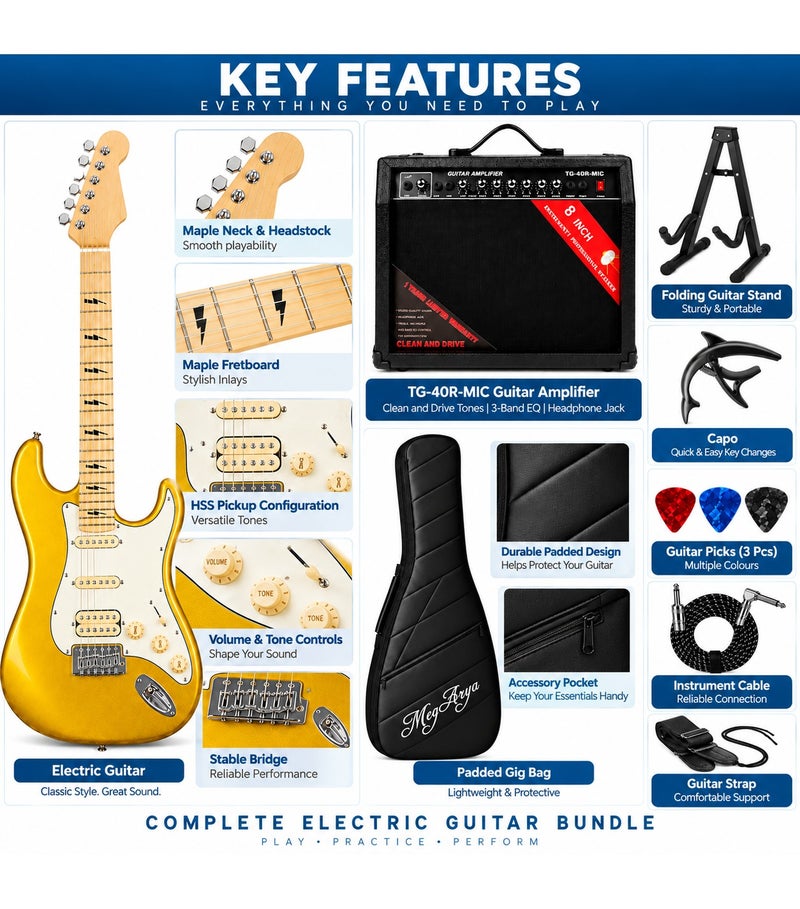 MegArya 41-Inch Electric Guitar Complete Set, 6-String HSS-Style Metallic Gold Guitar with TG-40R-MIC Amplifier, Gig Bag, Stand, Capo, Cable, Strap & 3 Picks - Image 2