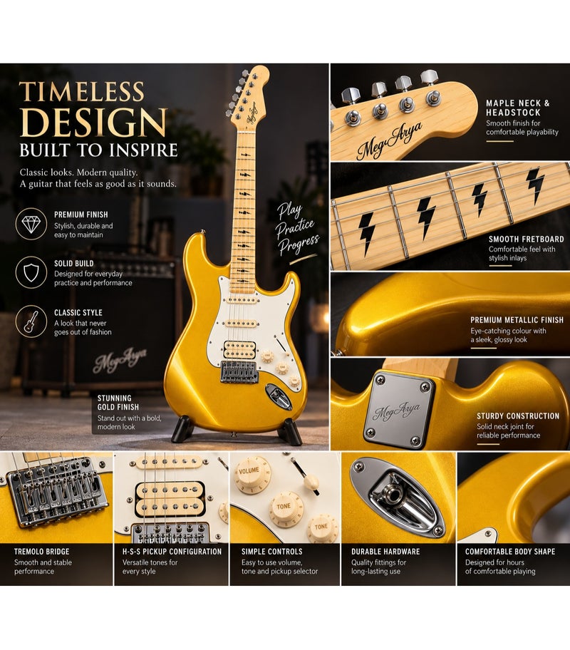 MegArya 41-Inch Electric Guitar Complete Set, 6-String HSS-Style Metallic Gold Guitar with TG-40R-MIC Amplifier, Gig Bag, Stand, Capo, Cable, Strap & 3 Picks - Image 3
