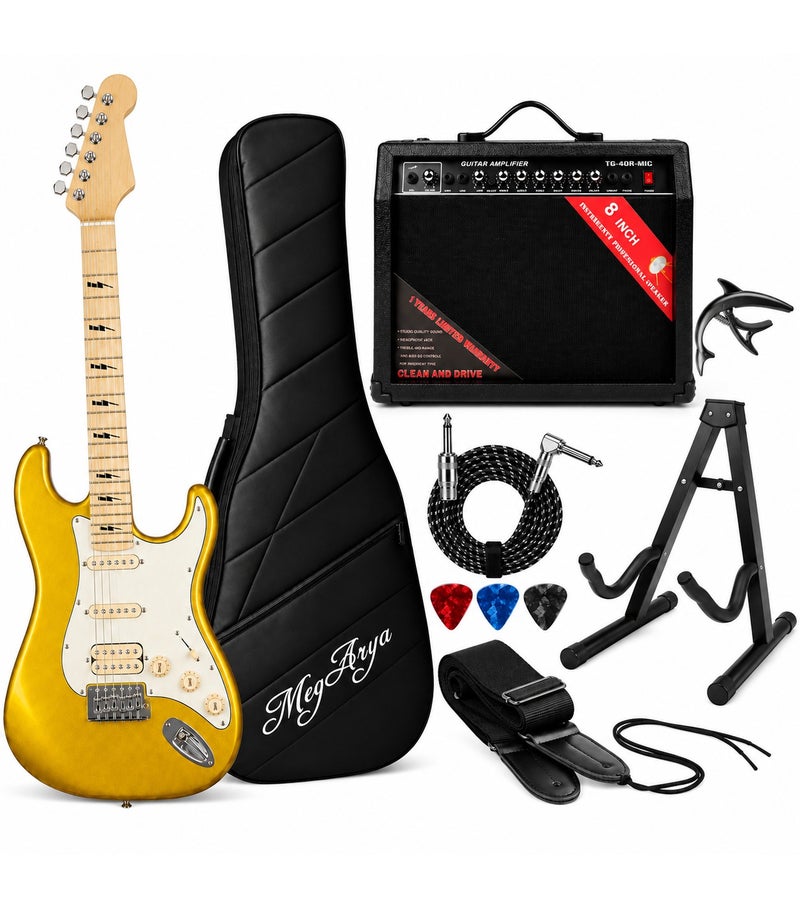MegArya 41-Inch Electric Guitar Complete Set, 6-String HSS-Style Metallic Gold Guitar with TG-40R-MIC Amplifier, Gig Bag, Stand, Capo, Cable, Strap & 3 Picks - Image 1