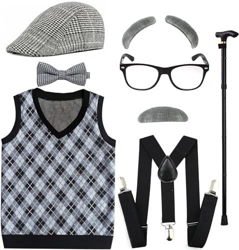 EFORLED Kids 100 Days of School Costume for Boys Halloween Old Man Costume Hat Glasses and Grandpa Vest Set for ChildLightGrey210 - Image 1