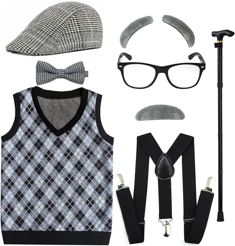 EFORLED Kids 100 Days of School Costume for Boys Halloween Old Man Costume Hat Glasses and Grandpa Vest Set for ChildLightGrey210 - Image 2