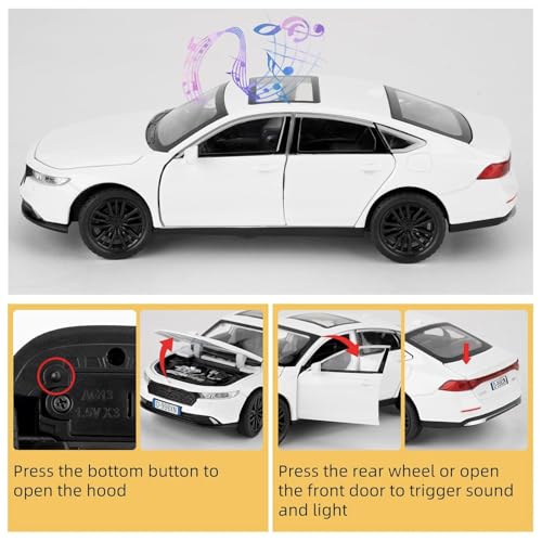 FEXXA 1:32 Scale Hon da Accord Die-Cast Metal Car with Sport car Openable Doors Light and Sound,Pull Back Function Indoor Outdoor Toy for Kids (White) - Image 5