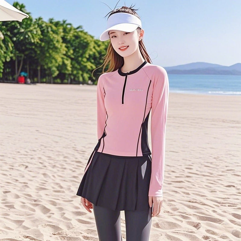 Women's 2-Piece Long Sleeve Skirted Swimsuit Tummy Control Plus Size Modest Swimwear for Hot Spring Beach –  Pink - Image 4