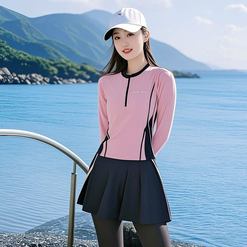 Women's 2-Piece Long Sleeve Skirted Swimsuit Tummy Control Plus Size Modest Swimwear for Hot Spring Beach –  Pink - Image 5