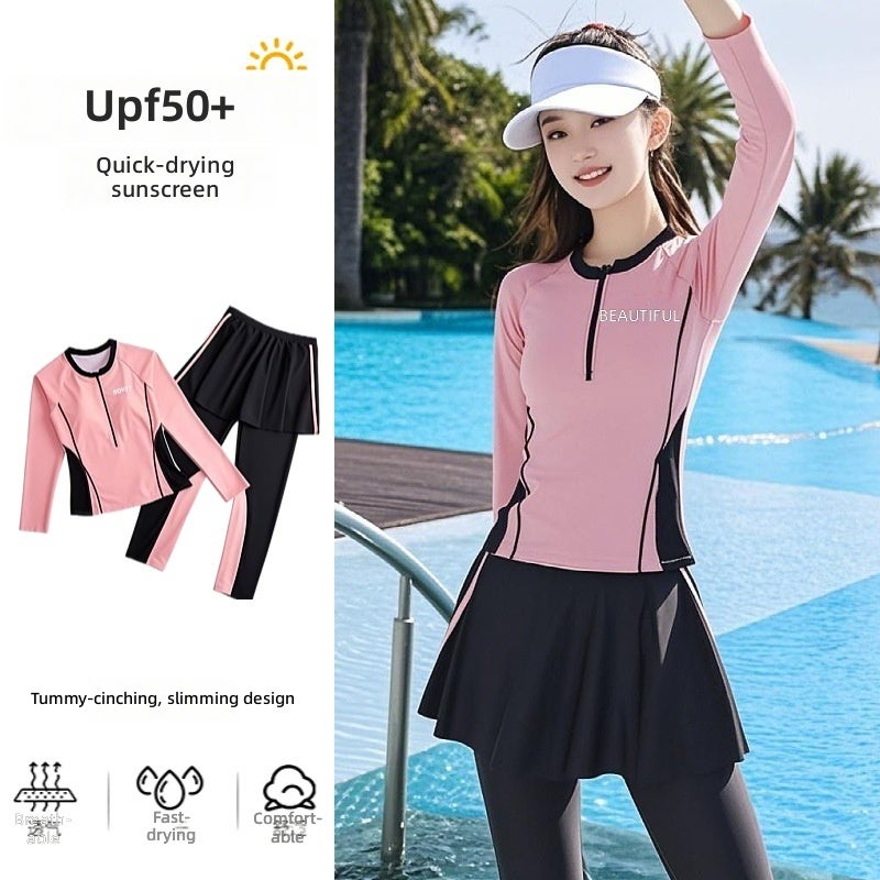 Women's 2-Piece Long Sleeve Skirted Swimsuit Tummy Control Plus Size Modest Swimwear for Hot Spring Beach –  Pink - Image 1
