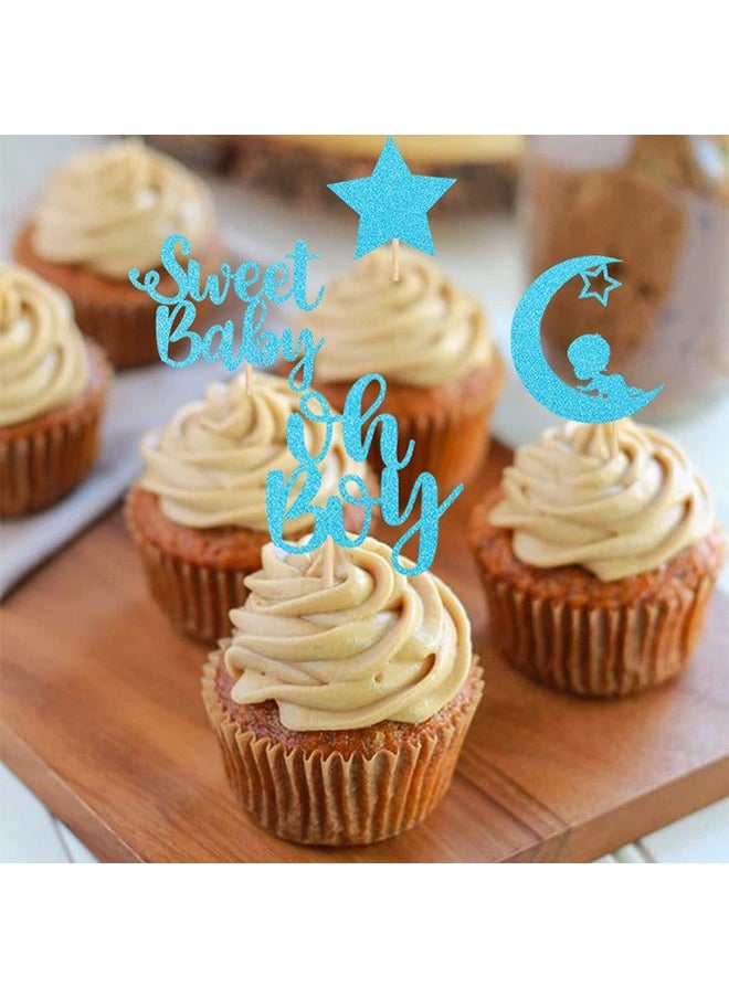 Confetti - Confetti! 24 PCS Baby Shower Boy Cupcake Toppers with Moon Glitter Star Sweet Baby Boy Cupcake Picks Baby Shower Kids Boys Birthday Party Cake Decorations Supplies Blue (Sweet Baby (Boy)) - Image 1