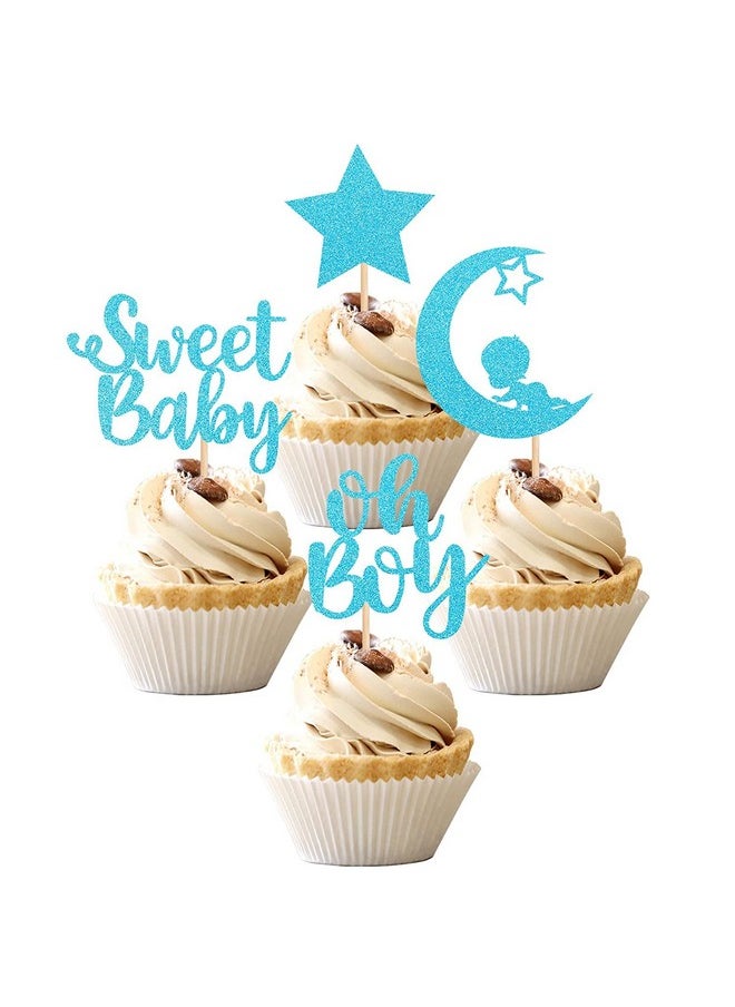 Confetti - Confetti! 24 PCS Baby Shower Boy Cupcake Toppers with Moon Glitter Star Sweet Baby Boy Cupcake Picks Baby Shower Kids Boys Birthday Party Cake Decorations Supplies Blue (Sweet Baby (Boy)) - Image 1