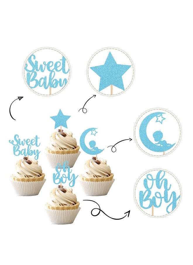 Confetti - Confetti! 24 PCS Baby Shower Boy Cupcake Toppers with Moon Glitter Star Sweet Baby Boy Cupcake Picks Baby Shower Kids Boys Birthday Party Cake Decorations Supplies Blue (Sweet Baby (Boy)) - Image 1