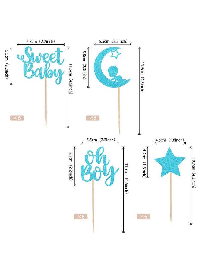Confetti - Confetti! 24 PCS Baby Shower Boy Cupcake Toppers with Moon Glitter Star Sweet Baby Boy Cupcake Picks Baby Shower Kids Boys Birthday Party Cake Decorations Supplies Blue (Sweet Baby (Boy)) - Image 1