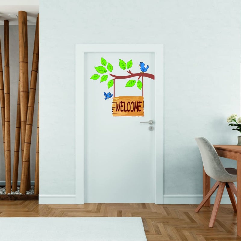 Techgifti ملصق جدار الباب مرحبًا مع شجرة بأوراق خضراء وملصقات طيور متعددة الألوان (الحجم - 52 سم × 51 سم) - Image 2
