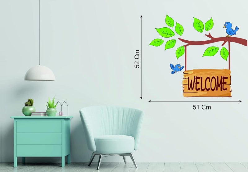Techgifti ملصق جدار الباب مرحبًا مع شجرة بأوراق خضراء وملصقات طيور متعددة الألوان (الحجم - 52 سم × 51 سم) - Image 3