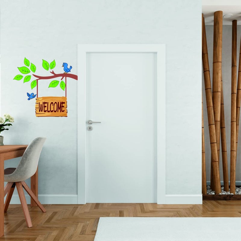 Techgifti ملصق جدار الباب مرحبًا مع شجرة بأوراق خضراء وملصقات طيور متعددة الألوان (الحجم - 52 سم × 51 سم) - Image 1